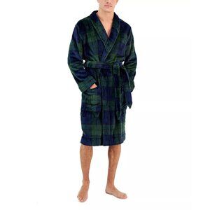 Club Room Robe Mens Plush Microfiber Shawl Collar Blackwatch Tartan Plaid